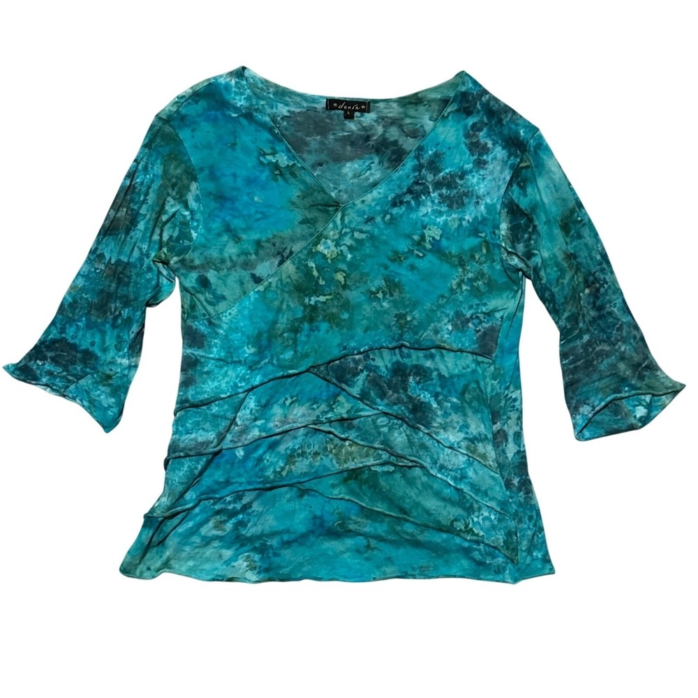 Dunia Blue Green Tie Dye Cotton Knit Top Small Womens L Cotton 3/4 Sleeve Y2K
